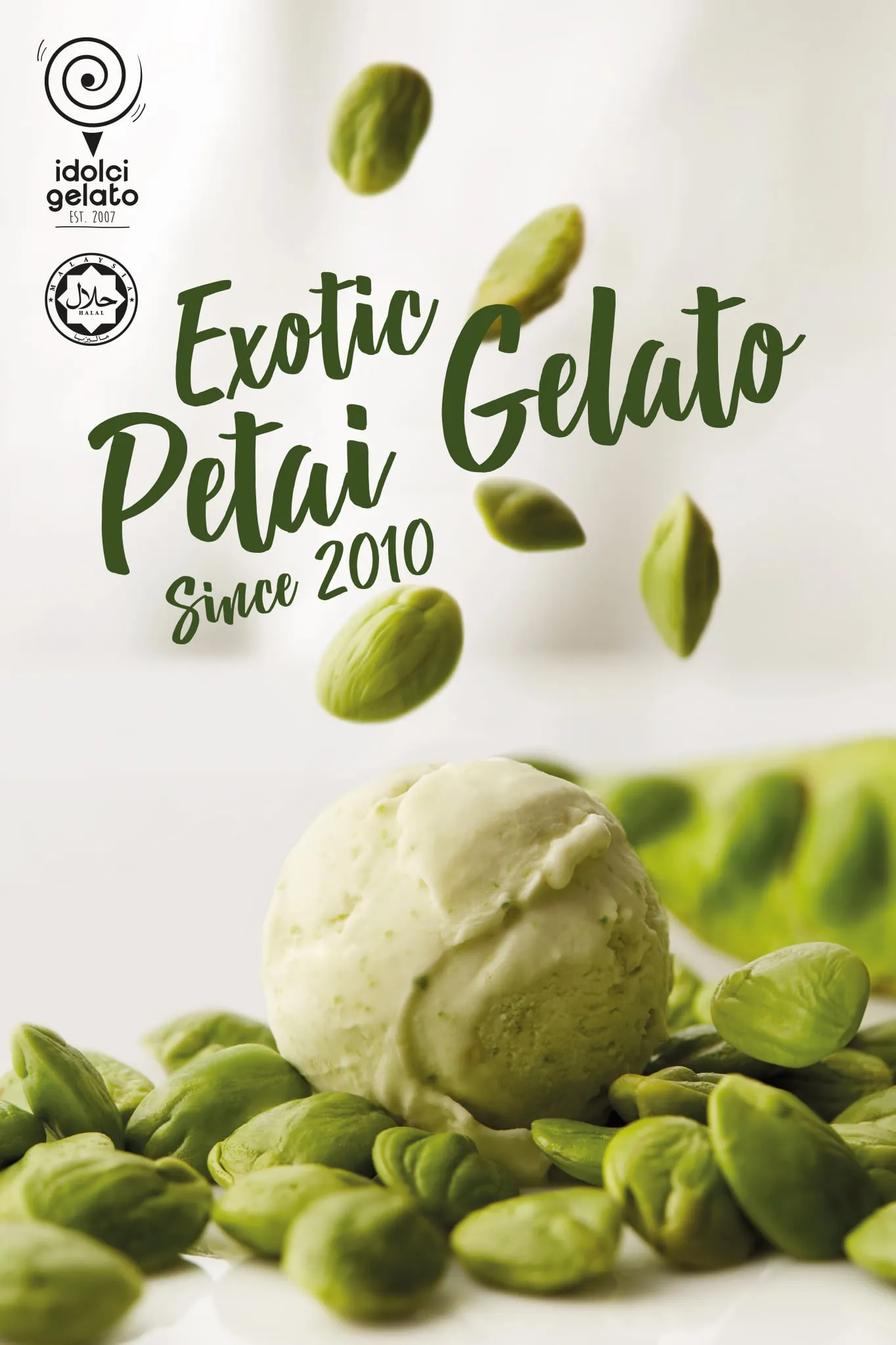 A scoop of petai gelato among fresh petai beans