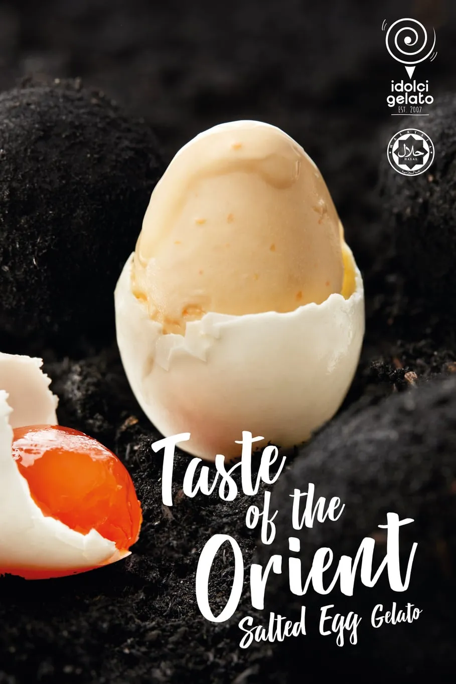 Salted egg gelato shaped like an egg in its shell